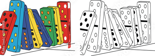 Dynamic Illustration of Falling Colorful Dominoes Representing the Domino Effect, Causality, and Chain Reaction for Business, Social, and Educational Concepts