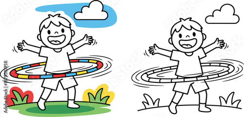  Cheerful Cartoon Kid Playing with Hula Hoop Outdoors, Featuring Colorful and Line Art Versions for Children's Activities, Playtime, and Healthy Lifestyle Graphics