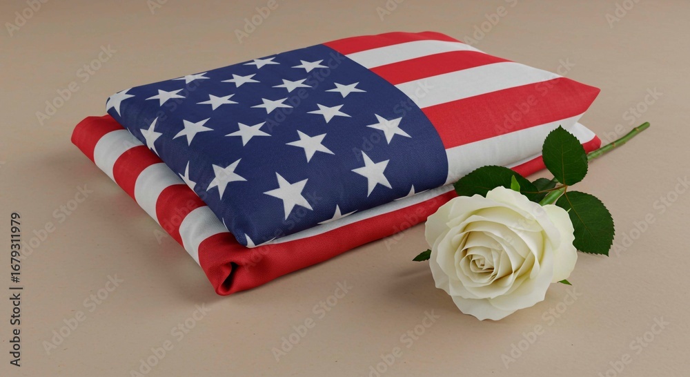 Obraz premium Folded american flag with a white rose on a beige surface in a studio setting for memorial day
