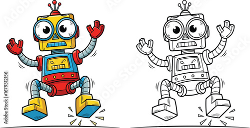 Quirky Cartoon Robot Jumping or Startled - Colorful and Line Art Versions for Technology, AI, and Fun Concepts