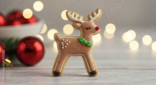 festive sugar cookie shaped like a reindeer, with a perfect royal icing design and a hint of sparkling edible glitter. 