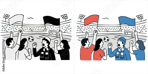 Flat vector illustration of a football stadium atmosphere with enthusiastic fans cheering. Wearing jerseys and scarves, creating a lively match scene.