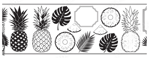A detailed black and white line art illustration of various tropical fruits and leaves including pineapples and monstera leaves arranged in a pleasing composition