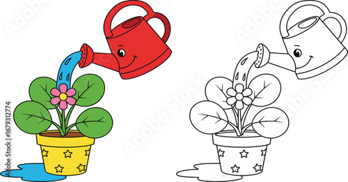 Cute Cartoon Watering Can Nurturing Potted Flower - Colorful and Line Art Versions for Growth and Gardening Concepts