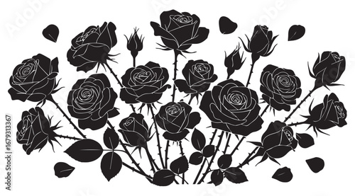 Artistic black silhouette of a lush bouquet of blooming roses and buds with scattered petals on a white background