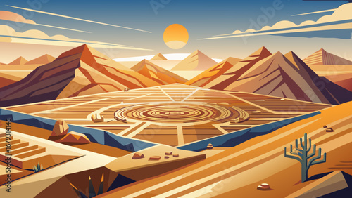 Across Peru’s Nazca Pampa, geometric geoglyphs—trapezoids, lines, spirals—etch the desert. Low sun casts long shadows; minimalist palette, sand tones; semi-realistic flat vector with clean aerial comp