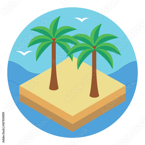 Tropical island with two palm trees and birds flying over blue ocean waves vector illustration