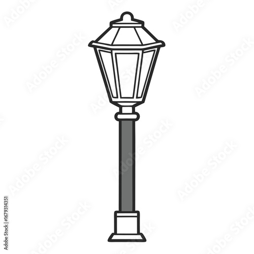 Vintage street lamp with hexagonal lantern and grey pole on white background lamp post lighting