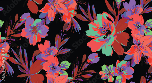 Vintage Colorful Old Style, Colorful joy of flora, flowers sets leaf, Goth blackbackground vector art hand drawn aesthetic Stylish Flower set seamless pattern suitable for printing on surface 