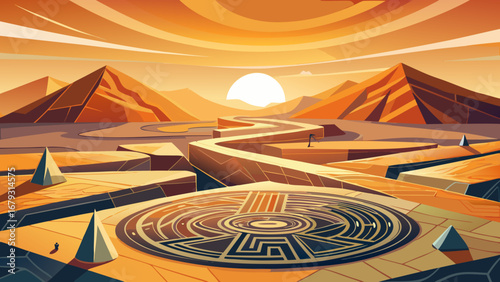 Across Peru’s Nazca Pampa, geometric geoglyphs—trapezoids, lines, spirals—etch the desert. Low sun casts long shadows; minimalist palette, sand tones; semi-realistic flat vector with clean aerial comp