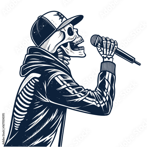Create Bold Stroke Skeleton Rapper With Mic Whi Creative Visual Perfect for Editorial Content