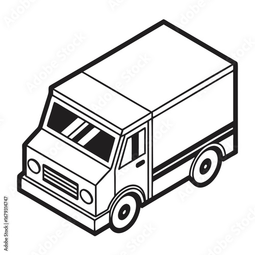 Black and white isometric outline of a delivery truck or box truck transport vehicle