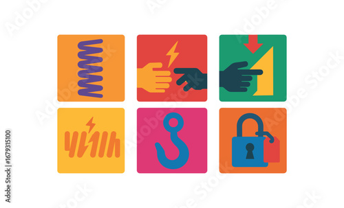 solid color icon 8 different items no outline flat vector fills vibrant palette minimal coil spring hazard pinch point sharp edge compressed coil risk broken coil caution spring hook danger