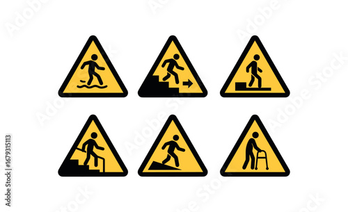 hazard warning icon 8 safety signs black and flat vector style wet floor area stair fall risk mind the step use handrail ramp slope warning door threshold hazard slip risk area walking aid