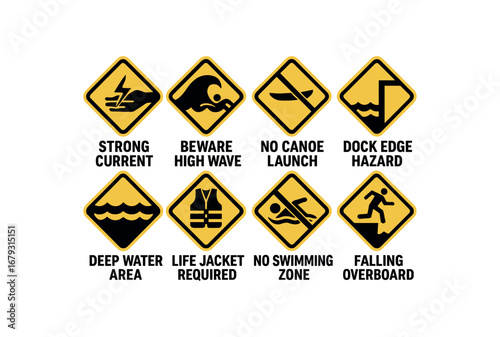hazard warning icon 8 safety signs black and flat vector style strong current beware high wave no canoe launch dock edge hazard deep water area life jacket required no swimming zone falling