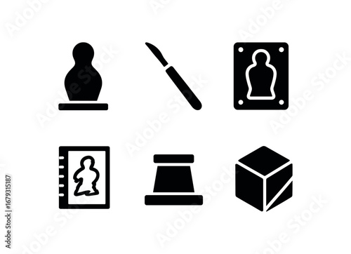 flat black solid icon items isolated on white background: clay modeling sculpt tool mold form draft sketch model base cut