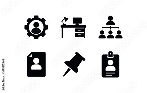 flat black solid icon items isolated on white background: role gear office desk team chart manager file task pin member tag