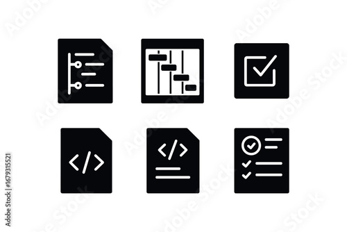 flat black solid icon items isolated on white background: project plan gantt chart task code file dev note test sheet