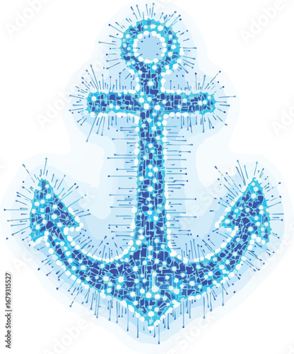 Blue mosaic anchor with radiating light particles on white background nautical maritime.