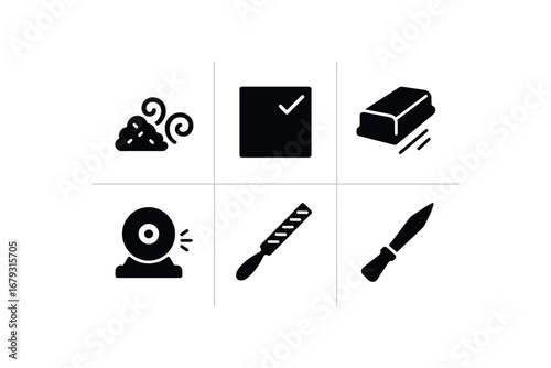 flat black solid icon items isolated on white background: fine cut perfect edge sanding grind wheel clean file sharp tool