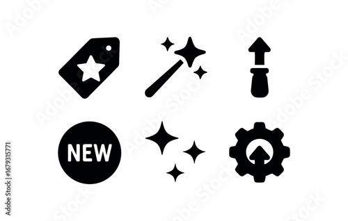 flat black solid icon items isolated on white background: enhancement tag magic improved tool new feature shine mark better gear