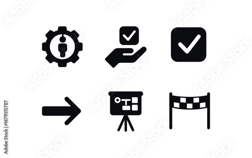 flat black solid icon items isolated on white background: execution gear task hand checklist mark action arrow plan board finish line
