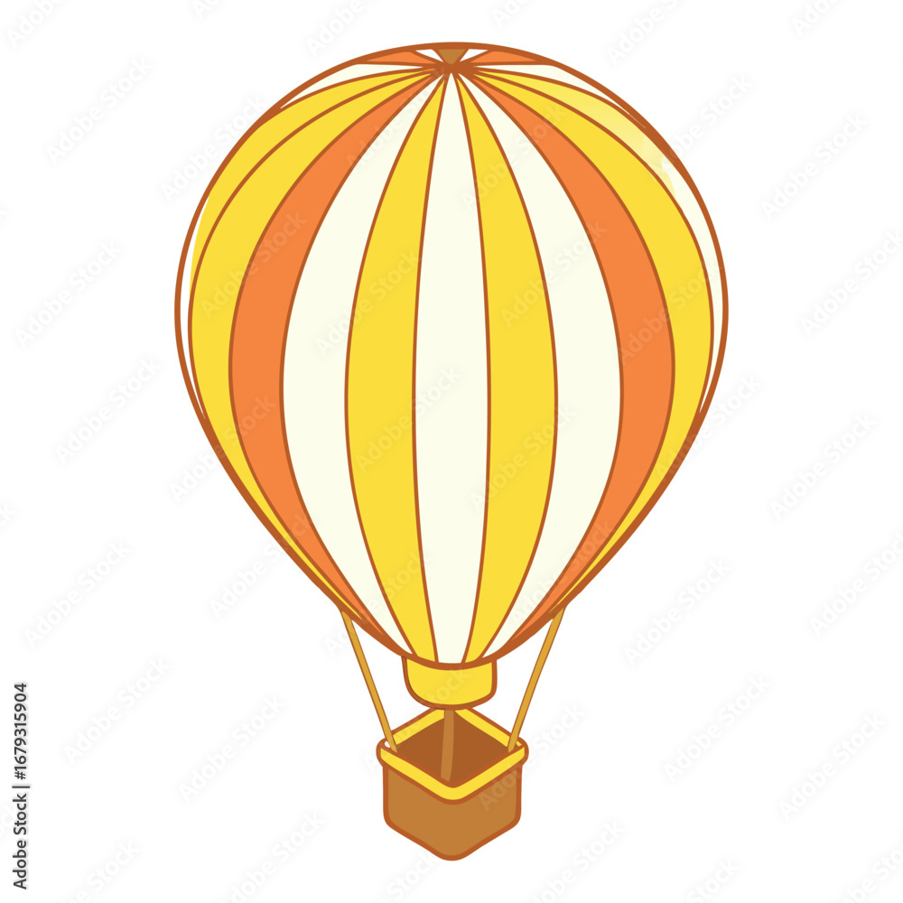 Naklejka premium Colorful Striped Hot Air Balloon with Brown Basket on White Background airship aircraft