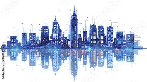 Futuristic City Skyline with Digital Circuit Connections and Reflections technology.