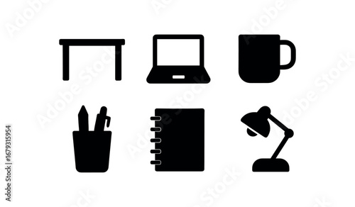 flat black solid icon items isolated on white background: desk table laptop top coffee mug pen holder notebook pad office lamp