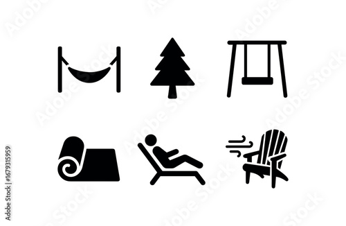 flat black solid icon items isolated on white background: garden hammock forest tree swing rope blanket mat camp rest breeze
