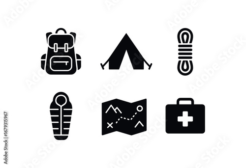 flat black solid icon items isolated on white background: travel backpack camping tent gear rope sleeping bag trail map supply kit