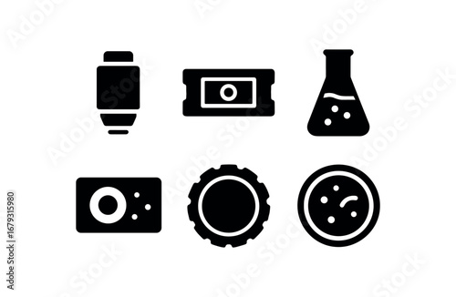 flat black solid icon items isolated on white background: microscope lens slide tray lab glass sample cell focus knob petri dish