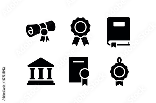 flat black solid icon items isolated on white background: diploma scroll honor ribbon study book campus stage degree seal award tag