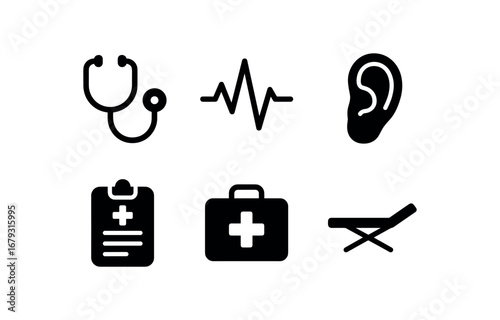flat black solid icon items isolated on white background: stethoscope ring pulse line ear tip patient chart medical bag exam table