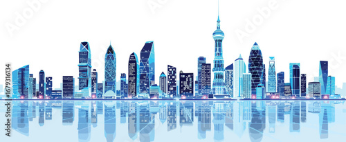 Modern City Skyline with Futuristic Architecture and Digital Reflections vector illustration.
