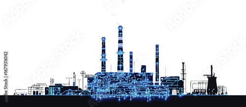 Industrial Factory Silhouette with Blue Digital Circuitry and Glowing Lights industry power plant.