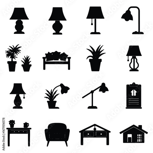 Black and White Silhouette Icons of Home Decor Elements Furniture Plants and Lighting Fixtures for Interior Design Projects