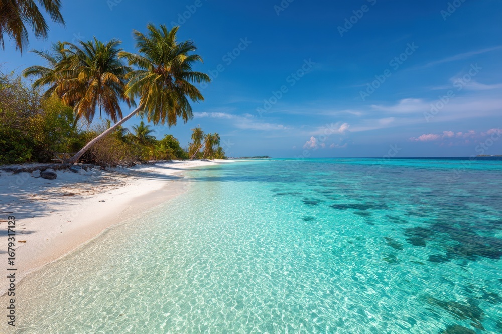 Naklejka premium Stunning paradise beach with turquoise ocean, palm trees, and empty coastline, perfect exotic summer vacation island destination