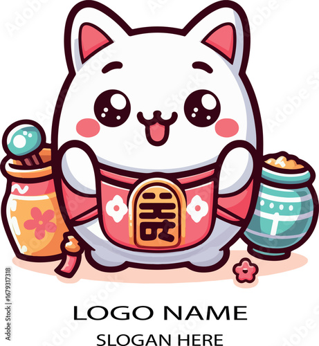 japanese kawaii cartoon anime style maneki logo icon vector white background .