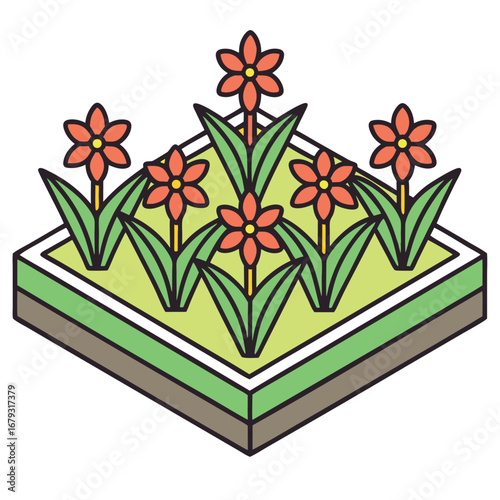Isometric Garden Patch with Orange Flowers and Green Leaves on White Background floral nature