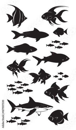 Collection of diverse silhouettes of marine life featuring various fish species including angelfish butterflyfish shark and smaller schooling fish on a white background