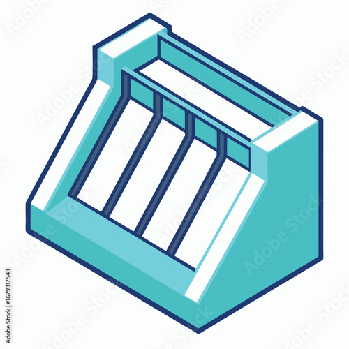 Isometric illustration of a blue and white concrete dam with spillways hydroelectric water