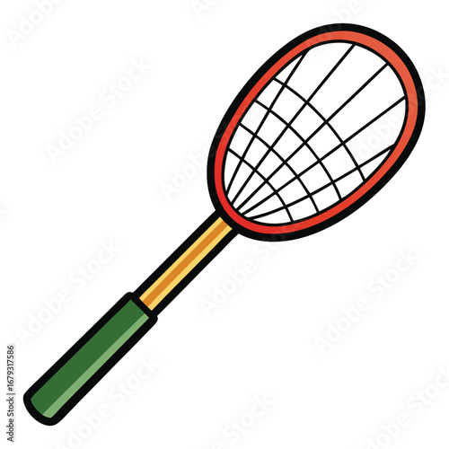 A tennis racket with a blue stripe on the bottom