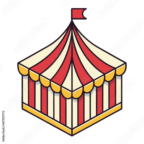 Isometric illustration of a red and yellow striped circus tent big top carnival