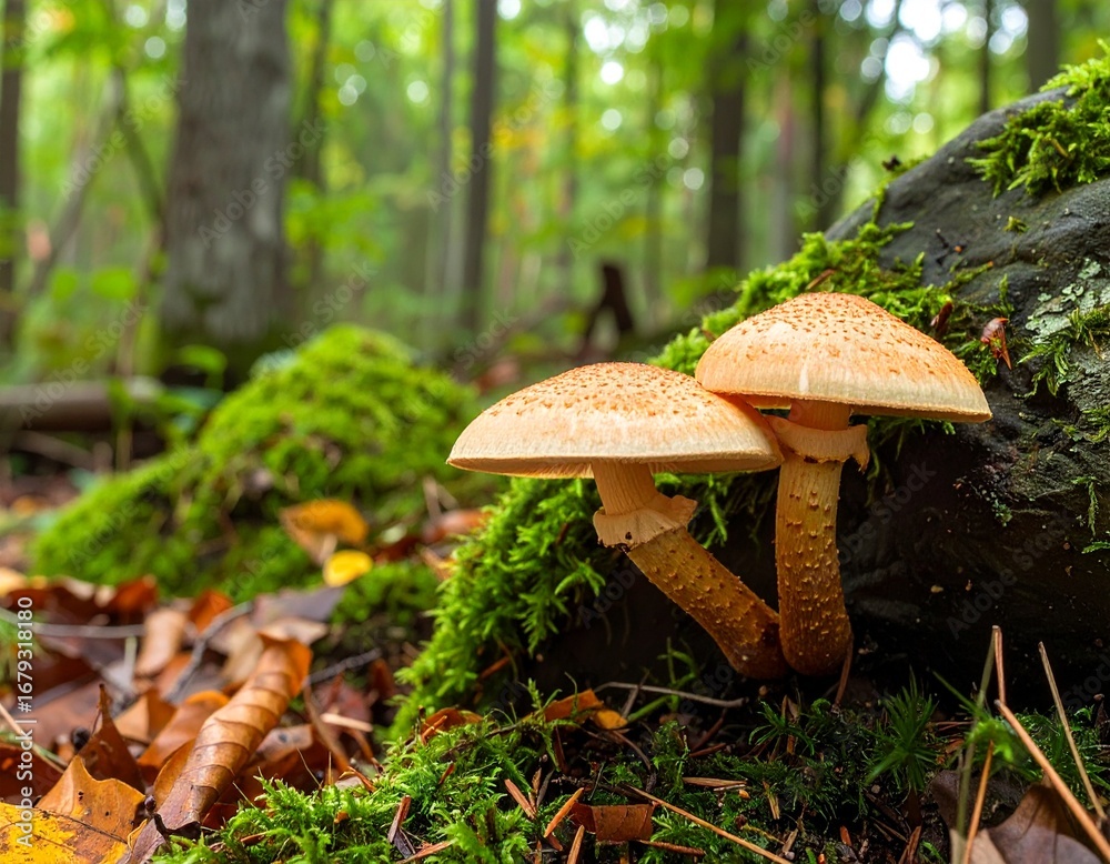 Fototapeta premium White mushroom growing on a fallen, wet log in the forest. Shows natural decay, moisture, and fungal life. Ideal for nature, macro, and forest ecosystem themes