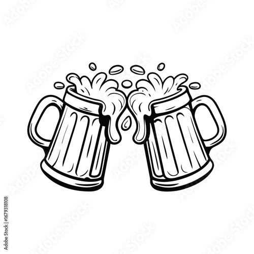 Minimalist Beer Glasses Clinking with Splash Line Drawing