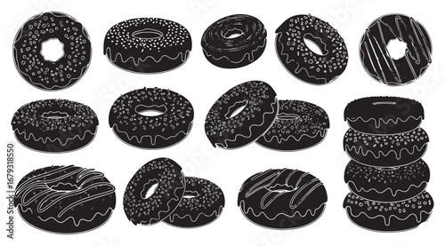 Collection of hand drawn black and white donut illustrations with various toppings and styles creating a textured artistic food graphic