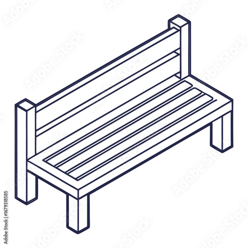 Isometric Line Drawing of a Wooden Park Bench with Slatted Seat seating furniture