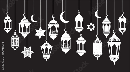 Traditional islamic ramadan lanterns and crescent moons hang in a decorative pattern against a stark black background creating a festive and spiritual atmosphere