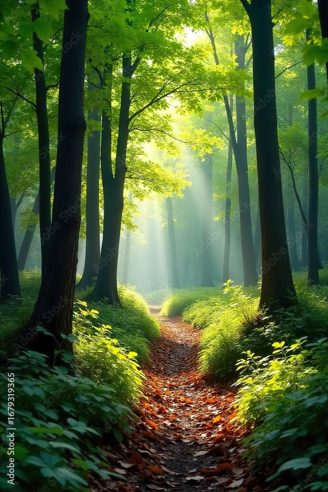 Obraz premium Serene forest scene with sun dappled leaves on the forest floor, lush green foliage, and a tranquil atmosphere perfect for relaxation and nature-themed projects , tranquil, trees